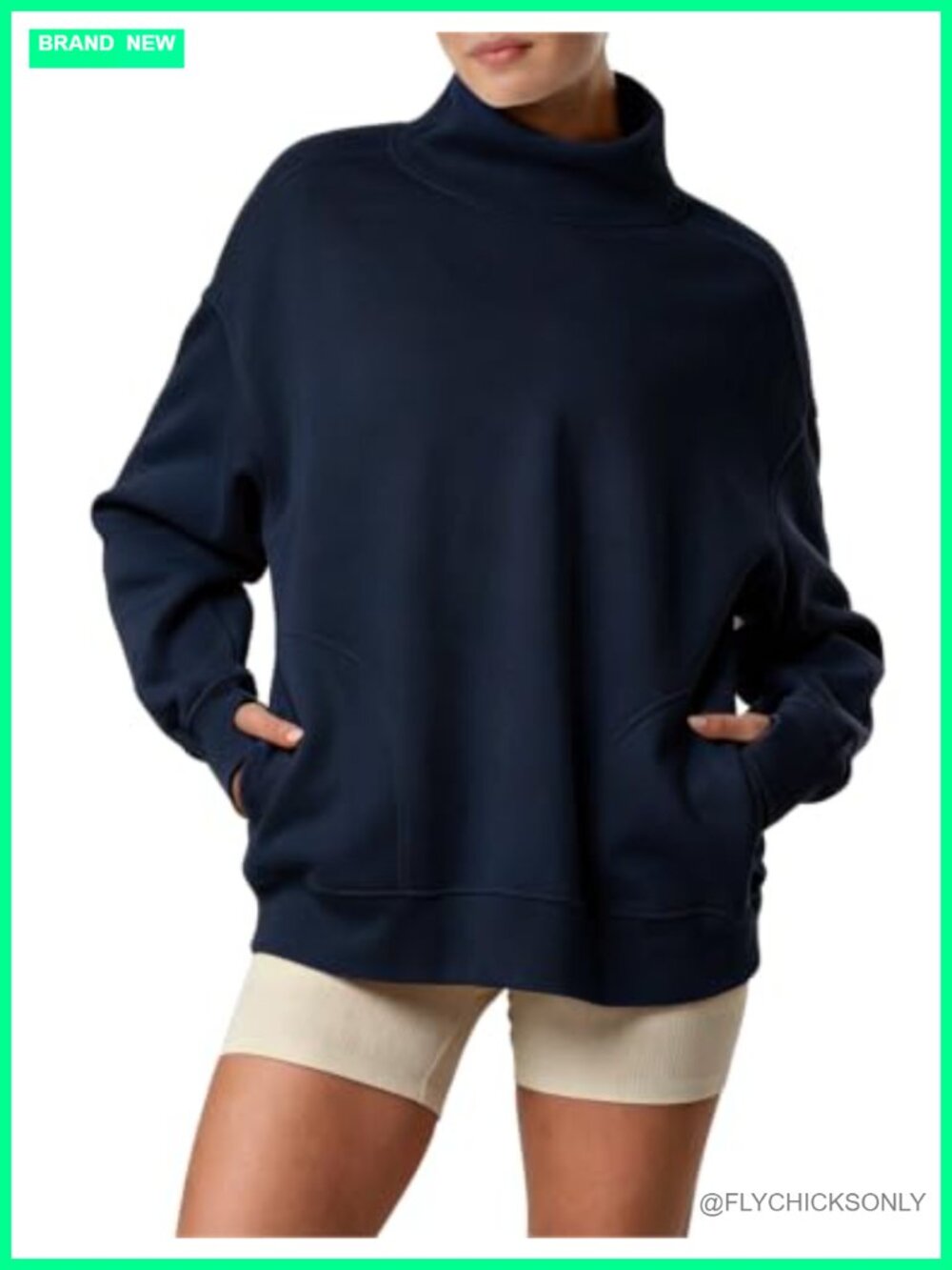 Oversized Mock Neck Sweatshirt Fleece Lined Pullover Thumb Holes Pockets